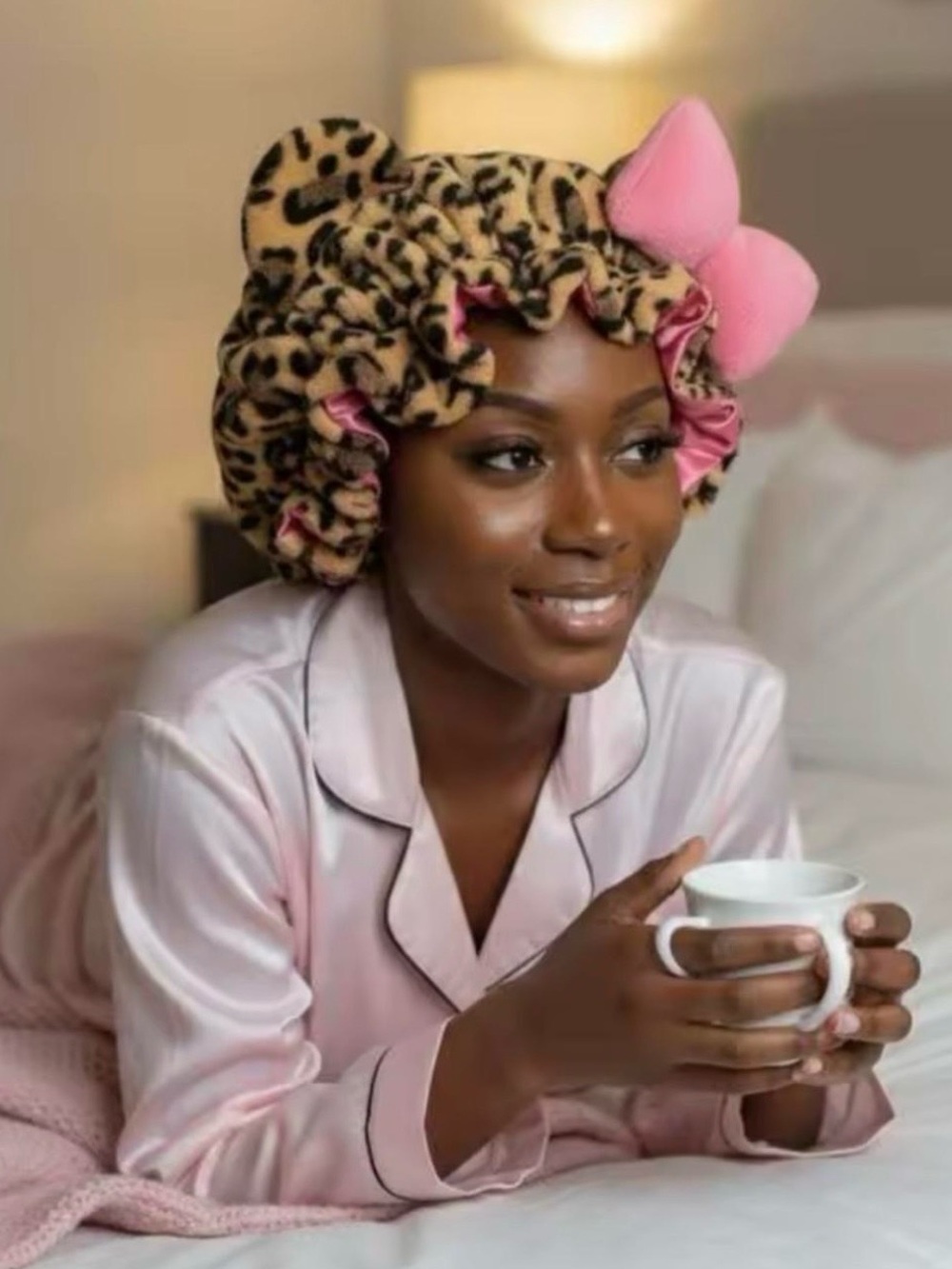 & Other Stories Leopard Print Satin-Lined Bonnet with Pink Bow